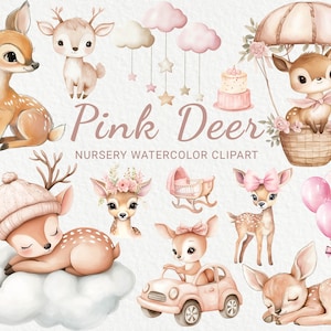Clipart de acuarela de ciervo rosa para guardería - 24 PNG de animales lindos del bosque para decoración, baby shower, fiesta de bebé, ciervo pequeño, descarga digital instantánea