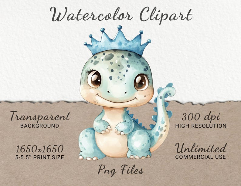 Blue Dinosaur Watercolor Clipart - 24 PNG Cute Fairy Сreature Decor ...