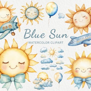 Clipart acquerello vivaio sole blu - 24 PNG Decorazione per cameretta bambini fata, baby shower, arte per feste per bambini, grafica per inviti, download digitale