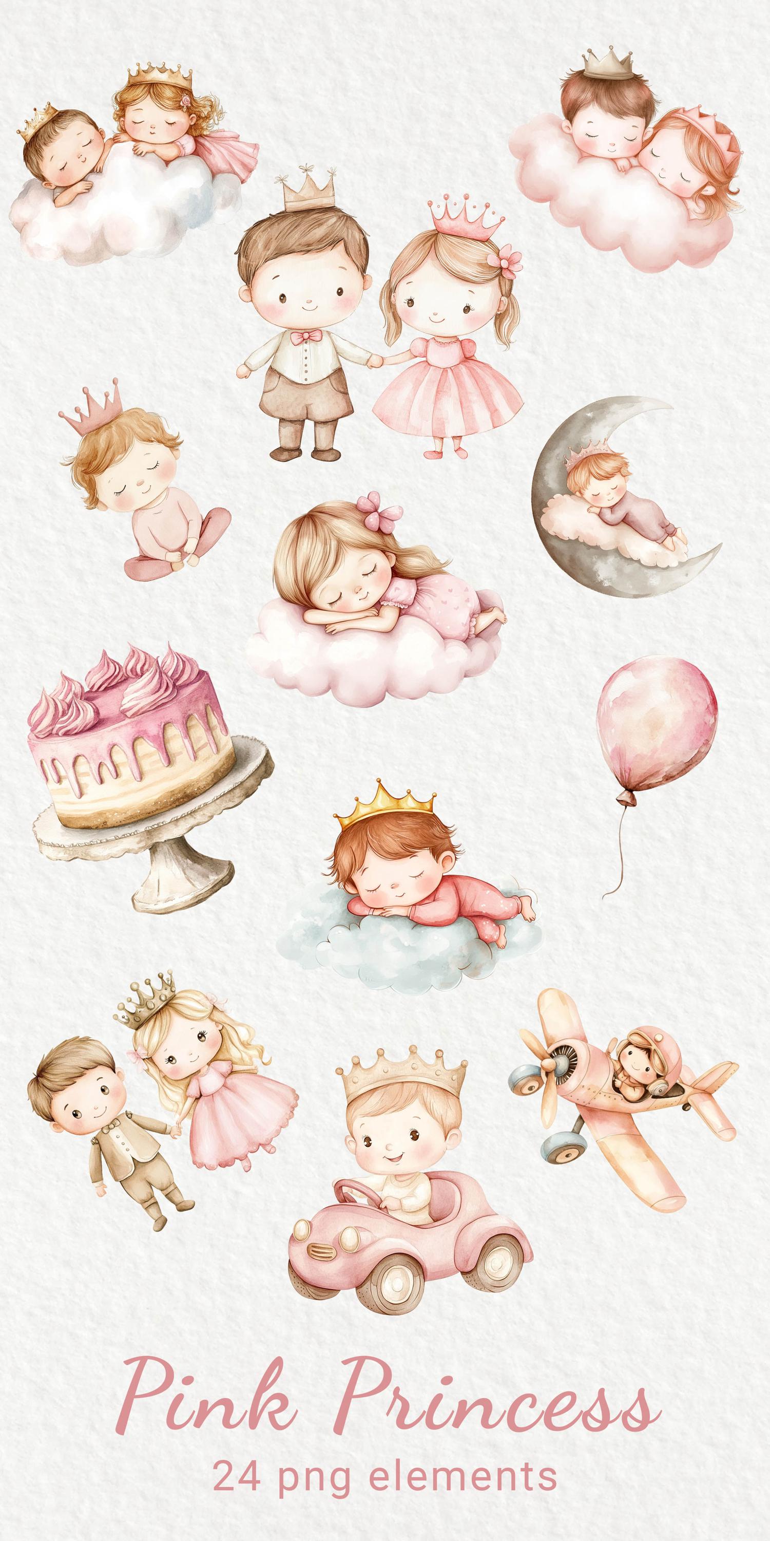 Pink Princess Watercolor Clipart - 24 PNG Little Queen Room Decor ...