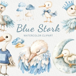 Blue Stork Nursery Watercolor Clipart - 24 PNG Cute Stork, Birds Decor, Baby Shower, Baby Party, DIY, Wall Art, Instant Digital Download