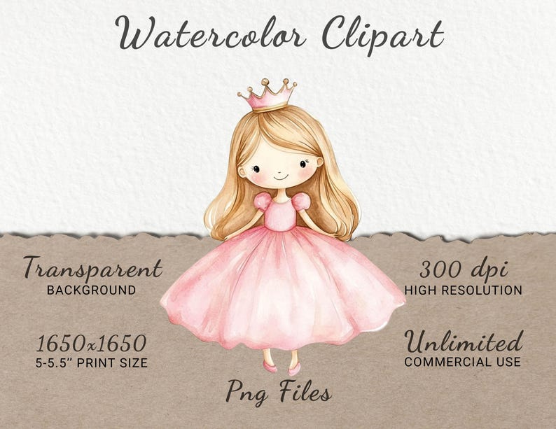 Pink Princess Watercolor Clipart - 24 PNG Little Queen Room Decor ...