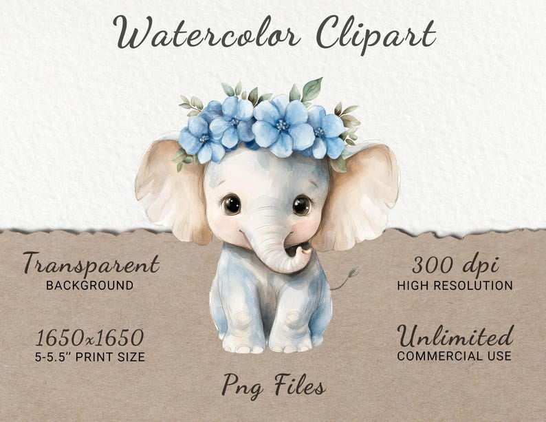 Blue Elephant Nursery Watercolor Clipart - 24 PNG Safari Animals Kids ...