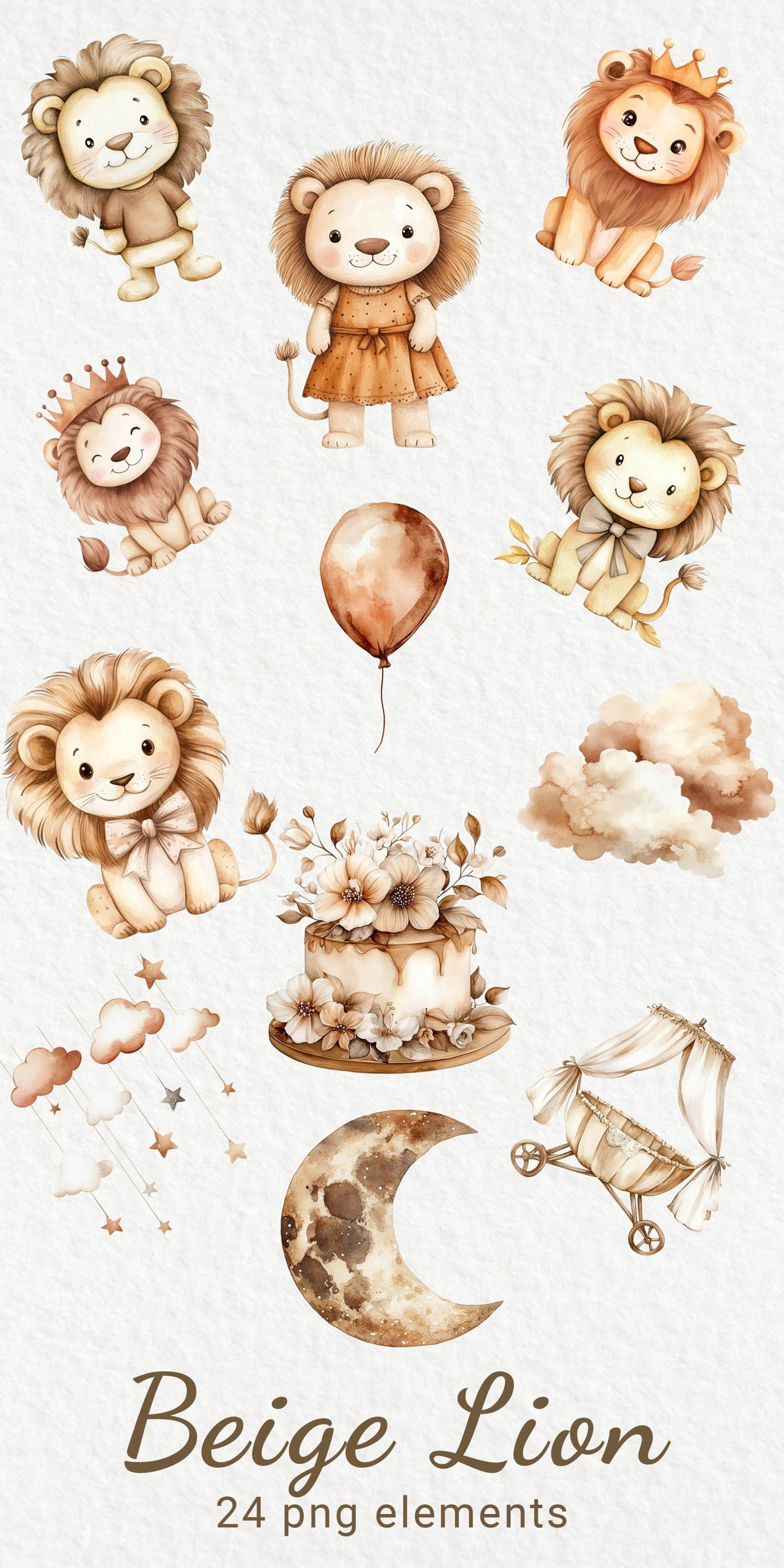 Lion Nursery Watercolor Clipart - 24 PNG Safari Animals Decor in Beige ...
