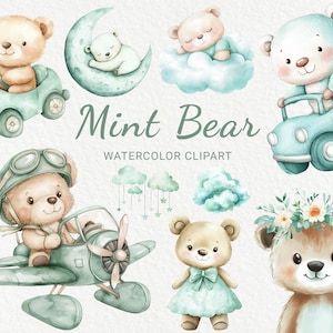 Clipart de acuarela de oso verde para guardería: 24 adorables animales PNG en color menta, para baby shower, decoración para fiestas de bebé, osito, descarga digital