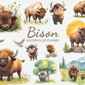 Puede incluir: Clipart de acuarela de un bisonte en varias poses. Los bisontes son marrones y tienen un estilo de dibujos animados. El texto "Bison Watercolor Clipart" está incluido en la imagen.