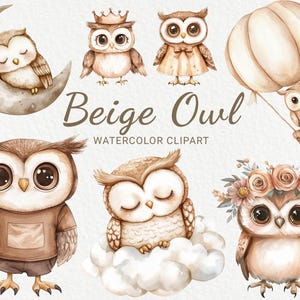フクロウの保育園の水彩画のクリップアート - ベージュとブラウンの 24 種類のかわいい妖精の鳥の PNG 画像、ベビーシャワーの装飾、ベビーパーティー、インスタントデジタルダウンロード