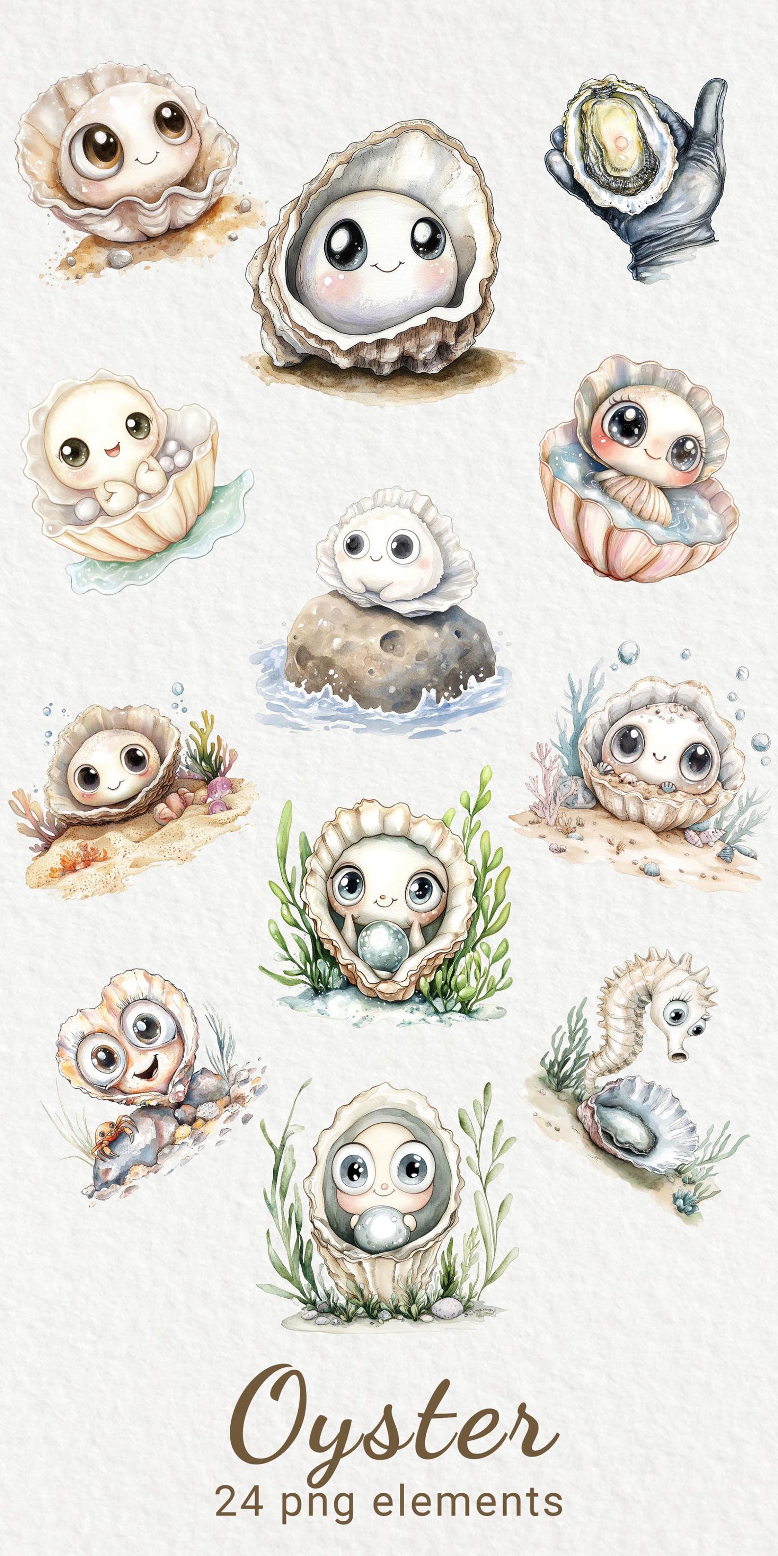 Oyster Watercolor Clipart - 24 PNG Cute Oyster Clip Art, Marine Theme ...
