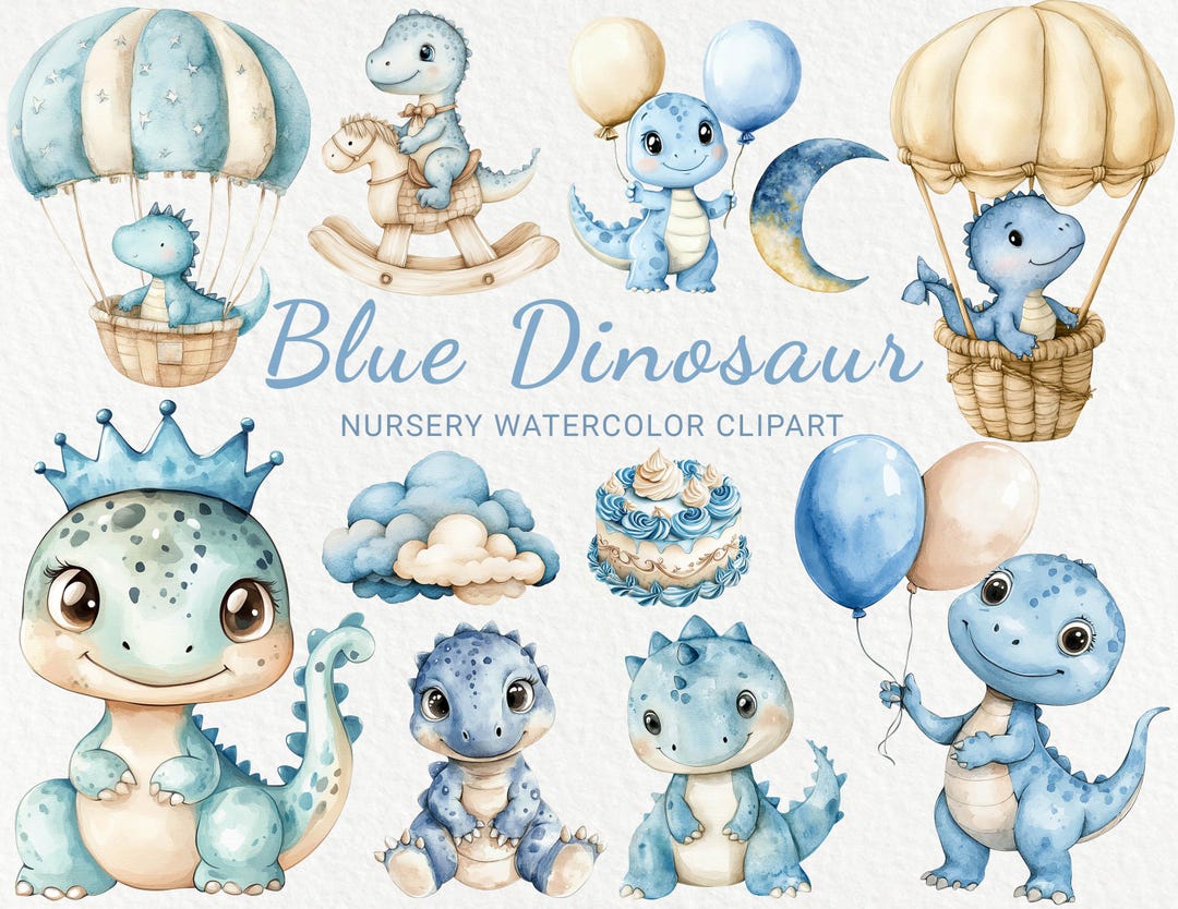 Blue Dinosaur Watercolor Clipart - 24 PNG Cute Fairy Сreature Decor ...