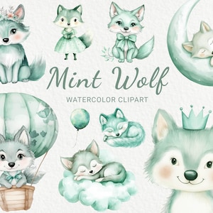 Clipart de acuarela de lobo de menta para guardería - 24 PNG de decoración de animales del bosque verde, baby shower, fiesta de bebé, lindo lobito, descarga digital