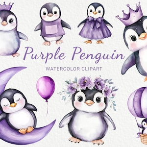 Paarse pinguïn kwekerij aquarel clipart - 24 PNG schattige dieren decor in lila en lavendel, babyshower, babyfeestje, digitale download