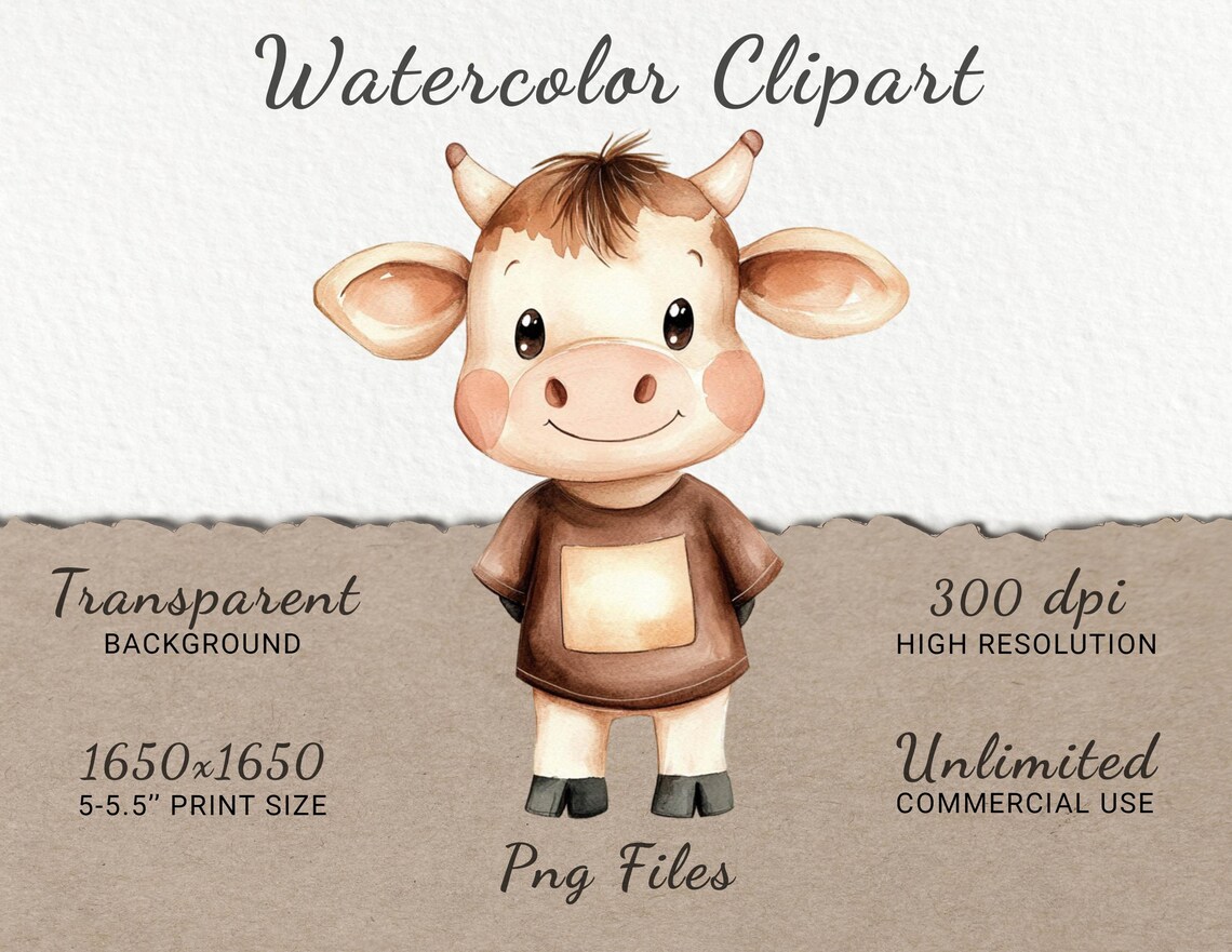 Cow Nursery Watercolor Clipart - 24 PNG Cute Cow in Beige & Brown ...