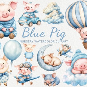 Cerdo azul acuarela clipart - 24 PNG lindo cerdo, decoración de animales, guardería, baby shower, fiesta de bebé, cerdito, descarga digital instantánea