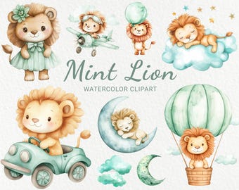 May include: Watercolor clipart featuring adorable lion illustrations in various poses. Lions are depicted with a mint green color scheme, including a lion in a dress, a lion in a plane, and a lion in a hot air balloon. The text "Mint Lion Watercolor Clipart" is also included.