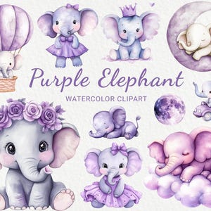 Clipart acquerello vivaio elefante viola - 24 animali da safari PNG in lilla e lavanda, stampe digitali, immagini baby shower, download digitale