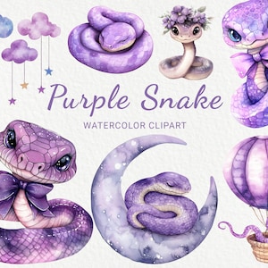 Clipart de berçário de cobra roxa - 24 PNG aquarela fofos 2025 imprimíveis, decoração de quarto de bebê, chá de bebê violeta, festa de bebê, download digital
