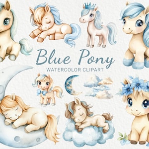 Clipart aquarelle bleu poney chambre d'enfant - 24 PNG illustration fée poney, anniversaire graphiques, baby shower, fête de bébé drôle, téléchargement numérique