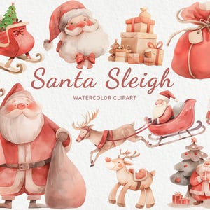 Santa&#39;s Sleigh Watercolor Clipart - 24 PNG Winter Decor Images, Xmas Printable Graphics, Santa&#39;s reindeer illustration, Digital Download