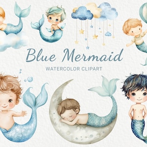 Blauwe zeemeermin clipart - 24 png aquarel jongen zeemeermin illustraties, grappige kinderen zeemeermin, babyshower decor, inrichting kinderkamer, digitale download