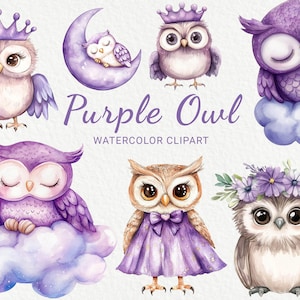 Clipart de acuarela de búho morado para guardería: 24 adorables pájaros de hadas PNG en lila y lavanda, decoración para baby shower, fiesta de bebé, descarga digital
