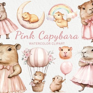 Roze capibara kwekerij aquarel clipart - 24 PNG schattige capibara, dieren decor, babyshower, babyfeestje, DIY, instant digitale download