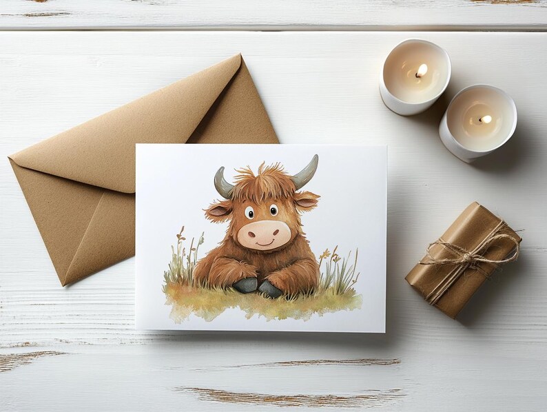 May include: A watercolor illustration of a brown Highland cow with a white face, sitting on a bed of green grass. The cow has large, brown eyes and a friendly expression.
