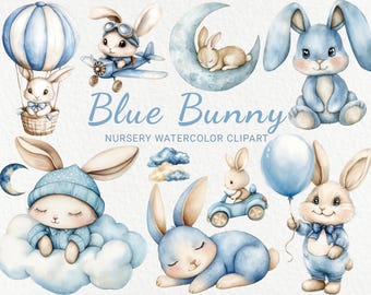 Blue Bunny Watercolor Clipart - 24 PNG Nursery Cute Fairy Animals, Rabbit, Hare, Baby Shower Decor, Baby Party, Instant Digital Download