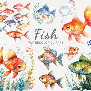 Clipart de peces: 24 imágenes prediseñadas de peces de acuarela lindos PNG, impresiones digitales, imágenes de baby shower, decoración de guardería, descarga digital instantánea