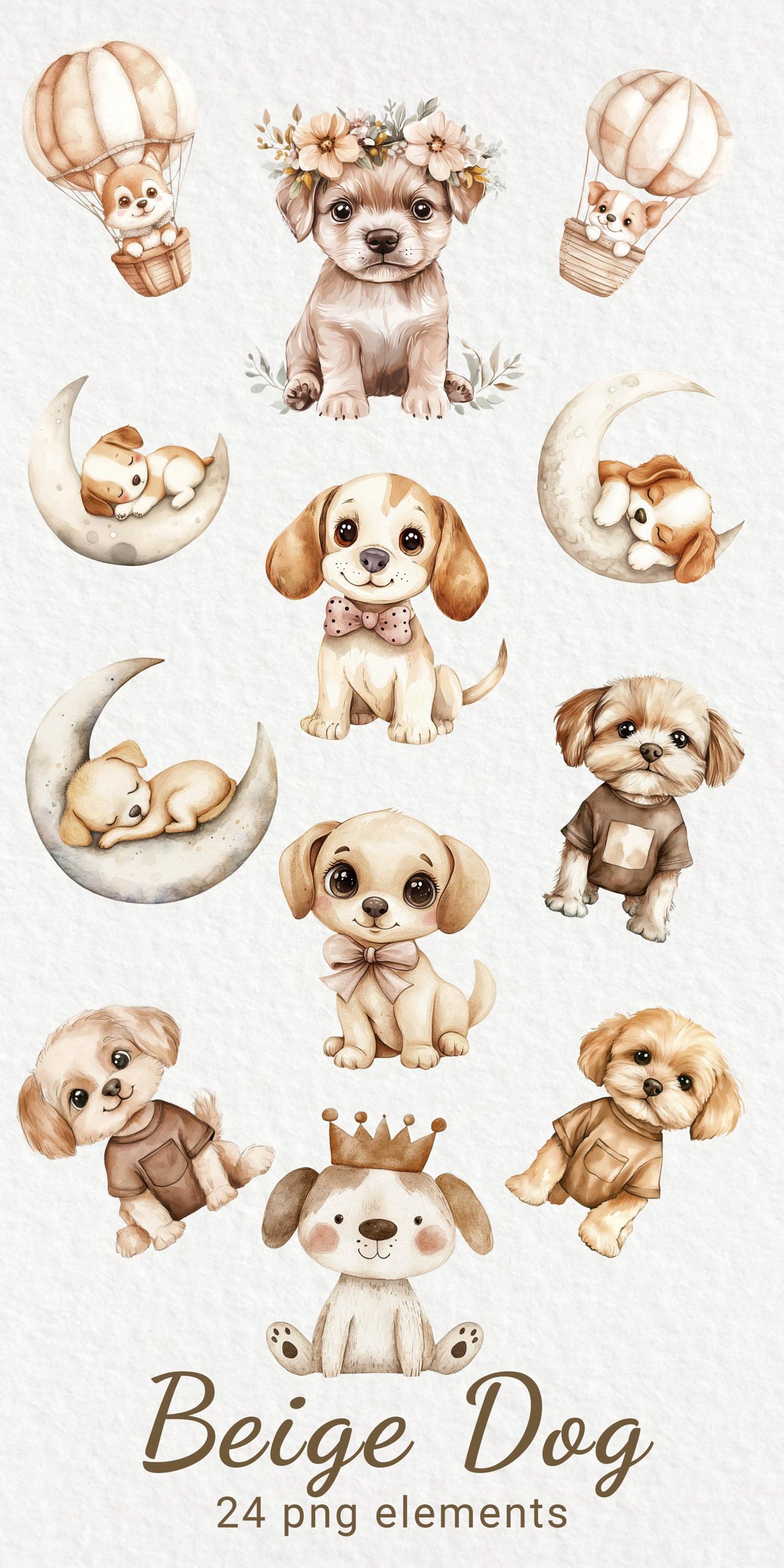 Dog Nursery Watercolor Clipart - 24 PNG Cute Fairy Puppy Decor in Beige ...
