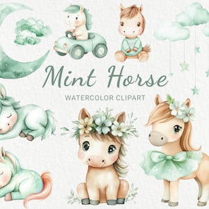 Clipart de acuarela para guardería de caballos de menta: 24 PNG de decoración de animales en color verde, baby shower, fiesta de bebé, pequeño pony, descarga digital