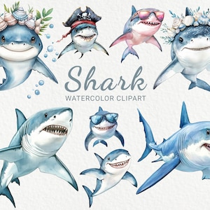 Shark Clipart - 24 PNG Watercolor Baby Shark clip art, Printable Art, Cute Baby Shower images, Nursery decor, Instant Digital Download