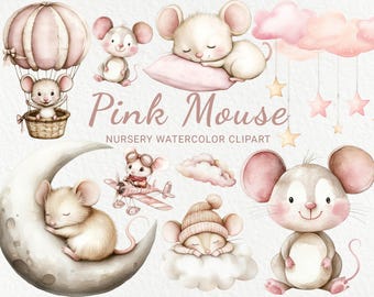 Pink Mouse Nursery Watercolor Clipart - 24 PNG Cute Fairy Animals Decor, Baby Shower, Baby Party, Little Mouse, Instant Digital Download