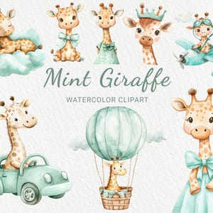 Jirafa verde de acuarela para guardería - 24 adorables animales de safari de hadas en colores menta, decoración para baby shower, fiesta de bebé, descarga digital