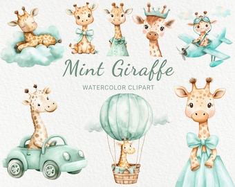 Clipart acquerello vivaio giraffa verde - 24 PNG simpatici animali da safari fata in colori menta, decorazioni per baby shower, festa per bambini, download digitale
