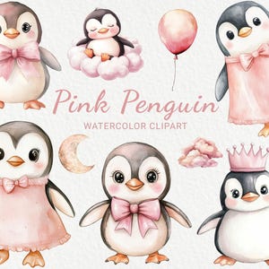 Rosa Pinguin Kinderzimmer Aquarell Clipart - 24 PNG Niedliche rosa Tiere Dekor, Babyparty, Babyparty, verträumter Pinguin, sofortiger digitaler Download