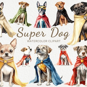 Dog Superhero Clipart - 24 PNG Watercolor Hero Puppy clip art, Super Dog illustration, Baby Animals Graphics, Instant Digital Download