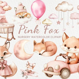 Clipart de acuarela de zorro rosa para guardería - 24 PNG de decoración de animales de bosque de hadas lindos, baby shower, fiesta de bebé, pequeño zorro, descarga digital instantánea