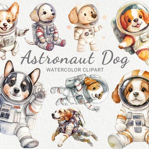 Astronauta Cachorro Aquarela Clipart - 24 PNG Cachorro Fofo no Espaço, Decoração de Berçário, Festa de Bebê, Cachorrinho Astronauta, Download Digital Instantâneo