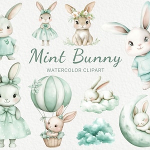 Clipart acquerello vivaio coniglietto verde - 24 PNG simpatici animali color menta, coniglio, lepre, decorazioni per baby shower, festa per bambini, download digitale