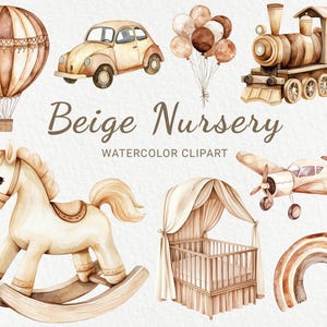 Neutral Kinderzimmer Aquarell Clipart - 24 PNG Raum Dekor in Beige & Braun, Willkommen Baby, Babyparty, Baby Party Einladung, digitaler Download