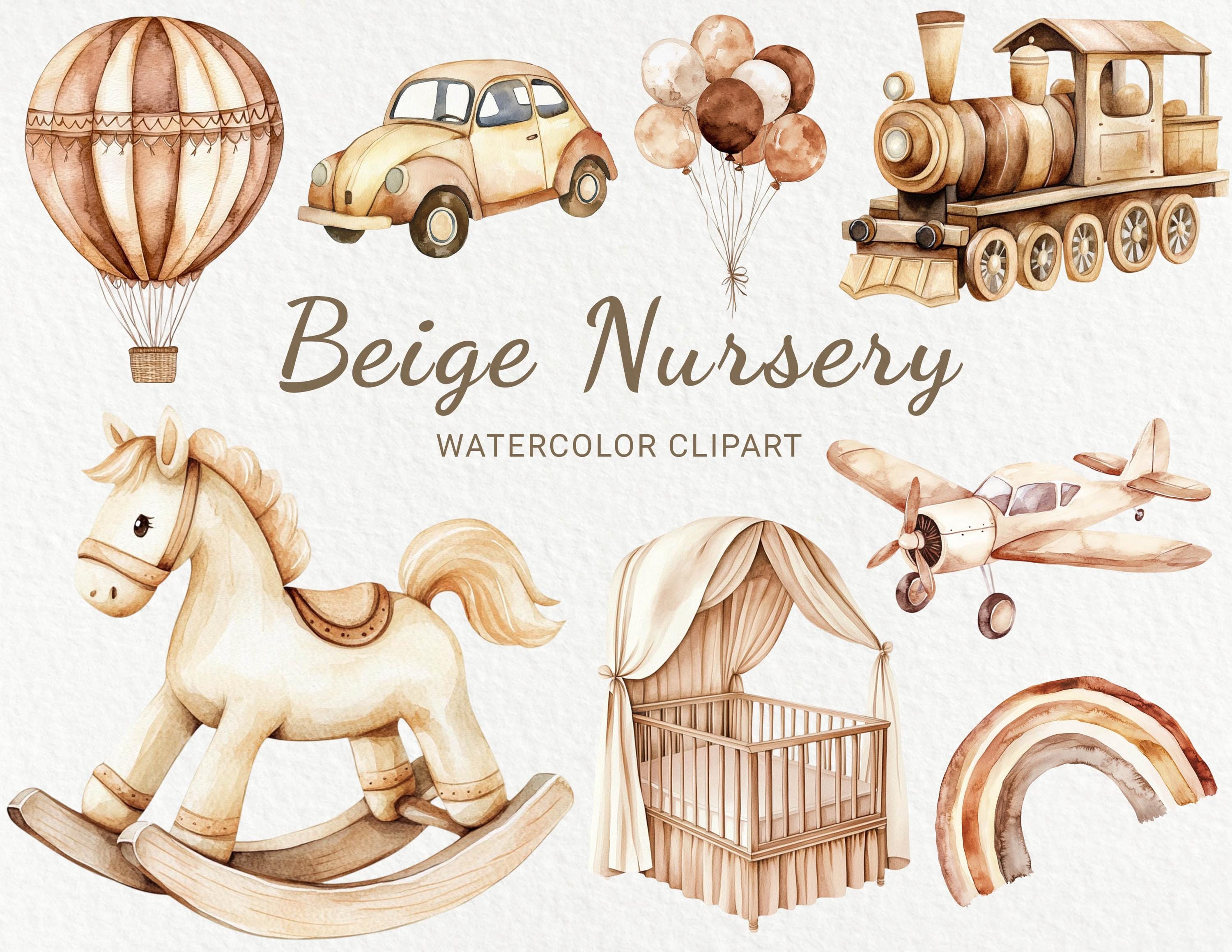 Neutral Nursery Watercolor Clipart - 24 PNG Room Decor in Beige & Brown ...