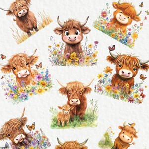 May include: A set of 24 digital illustrations featuring cute cartoon Highland cows in various poses. The cows are brown and white with fluffy fur and big eyes. Some cows are standing in fields of flowers, while others are walking or standing alone. The illustrations are perfect for creating cards, invitations, scrapbook pages, and other craft projects.