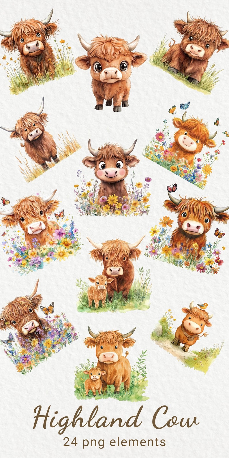 May include: A set of 24 digital illustrations featuring cute cartoon Highland cows in various poses. The cows are brown and white with fluffy fur and big eyes. Some cows are standing in fields of flowers, while others are walking or standing alone. The illustrations are perfect for creating cards, invitations, scrapbook pages, and other craft projects.