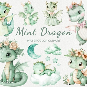 Grüner Drache Kinderzimmer Aquarell Clipart - 24 PNG Fee Сreature Dekor, Babyparty, Babyparty, Mint Baby Dragon, Sofortiger digitaler Download