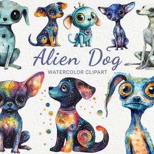 Alien Dog Clipart - 24 PNG aquarel grillige puppy, fantastische hond clipart, ruimte hond graphics, Galactische kat, instant digitale download