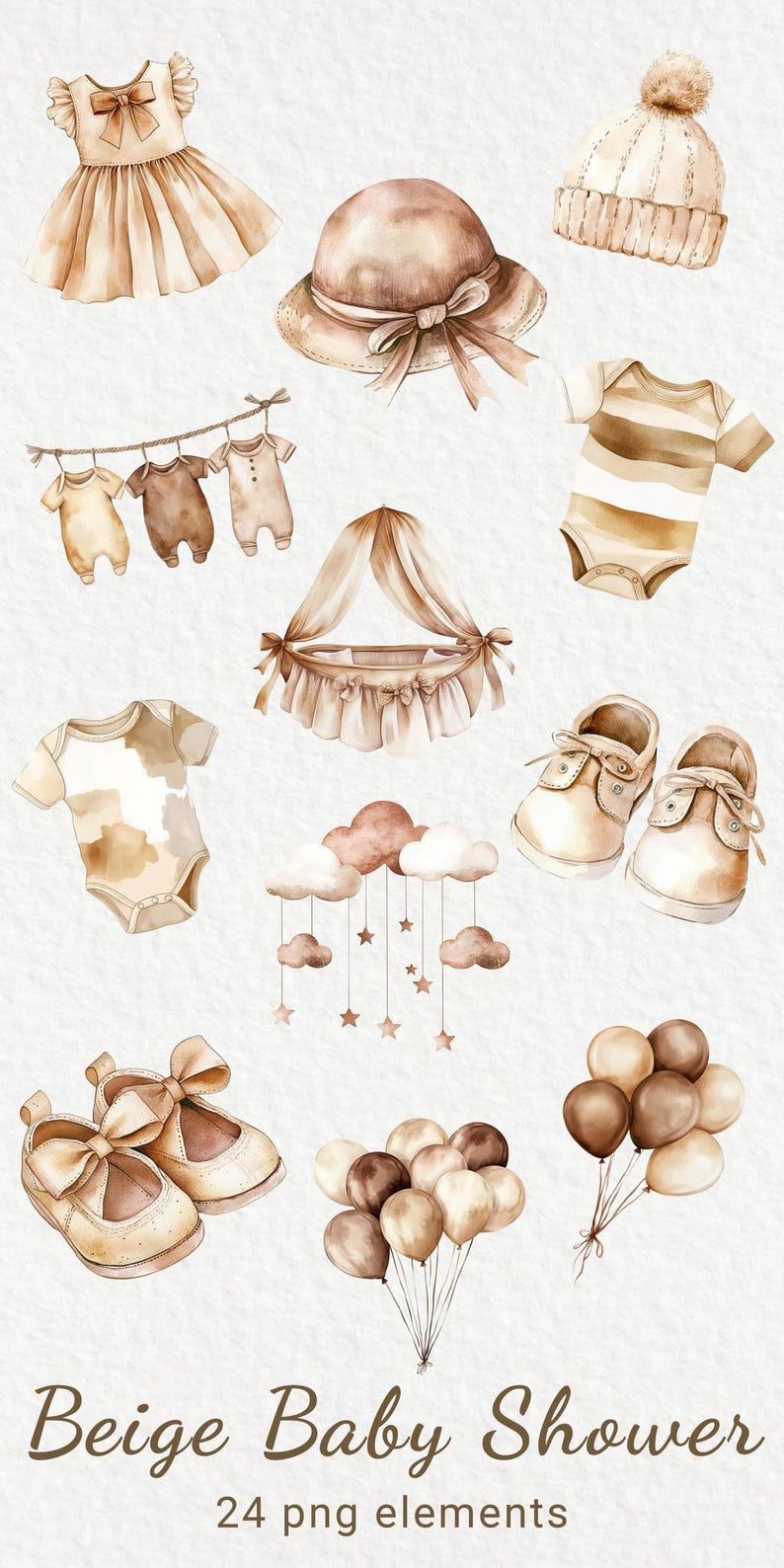 Beige & Brown Baby Shower Watercolor Clipart - 24 PNG Cute Nursery Room ...