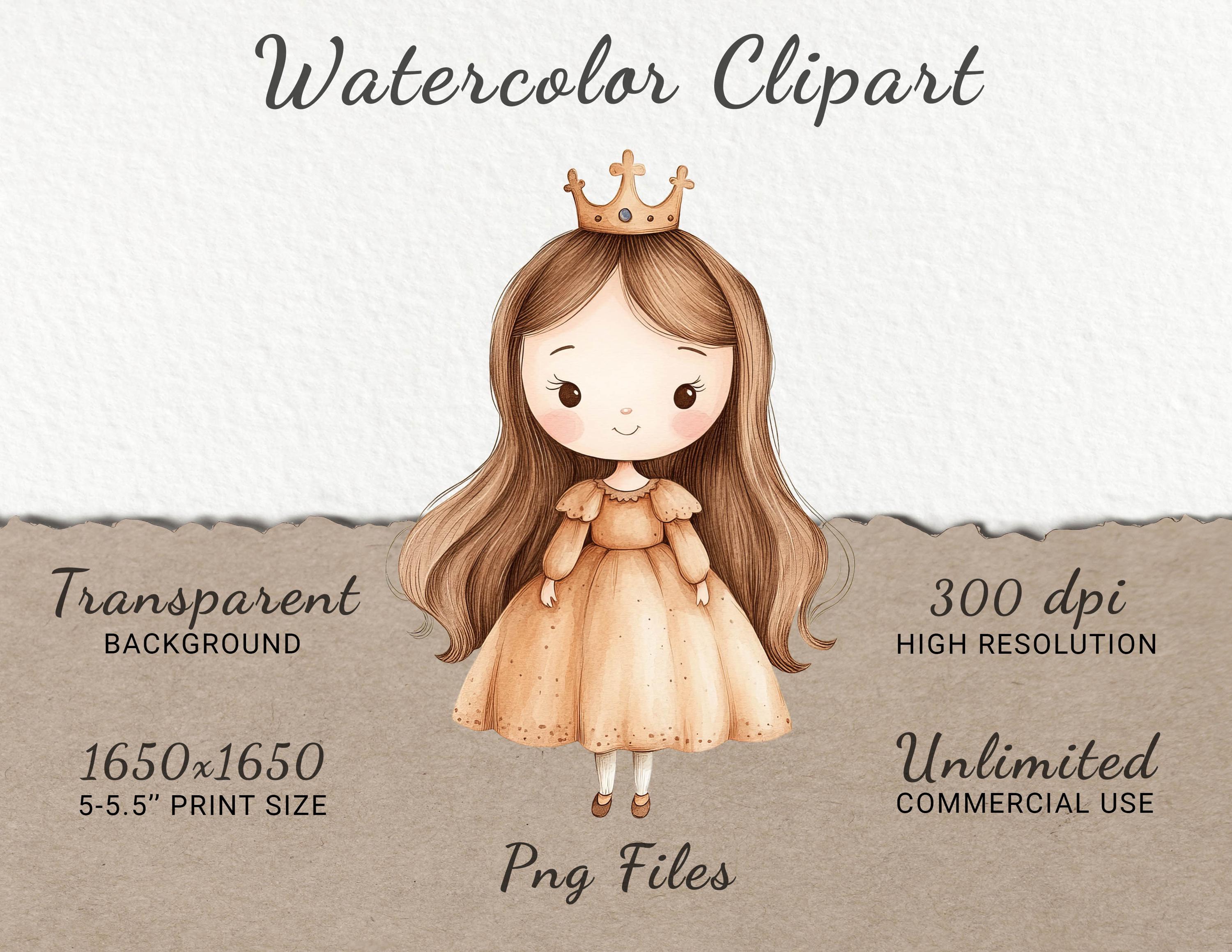 Princess Watercolor Clipart - 24 PNG Little Queen Decor Beige & Brown ...