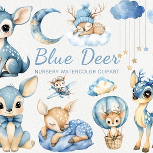Blue Deer Watercolor Clipart - 24 PNG Cute Woodland Animals Decor, Chá de Bebê, Festa de Bebê, Berçário Pequeno Veado, Download Digital Instantâneo