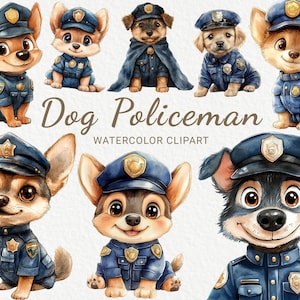 Hund Polizist Clipart - 24 PNG Aquarell Welpe Polizist Clipart, süßer Cop Hund, Baby Tiere Grafiken, sofortiger digitaler Download