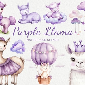 Clipart de acuarela de llama morada - 24 PNG imprimibles de animales lindos, guardería violeta, decoración de habitaciones, baby shower lila, fiesta de bebé, descarga digital